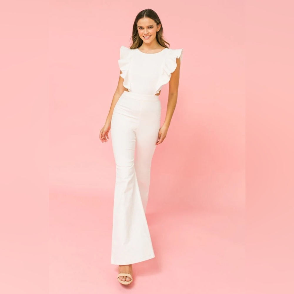 Flying Tomato White Denim Flare Jumpsuit